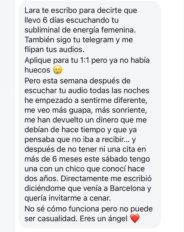 Mensaje recibido por Lara — testimonio en chat